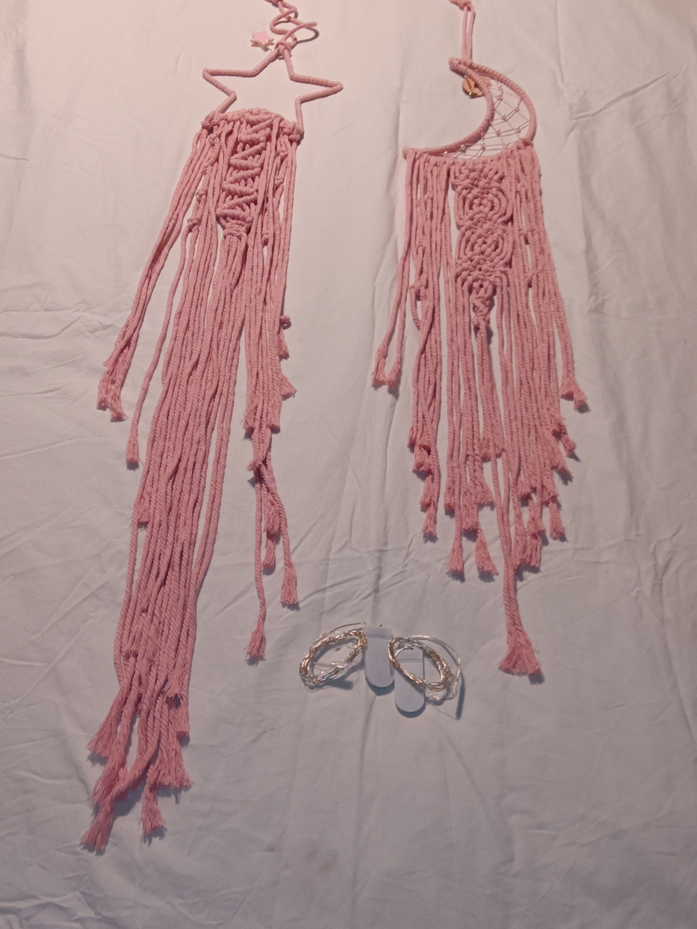 Pink Macramé Wall Hanging with Star and Moon Accents W/ Fairy Lights